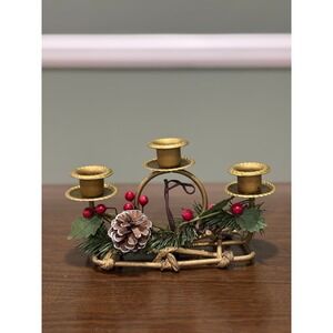 7.5" Christmas Gold Metal Taper Candle Holder Red Berries Pinecone Decoration